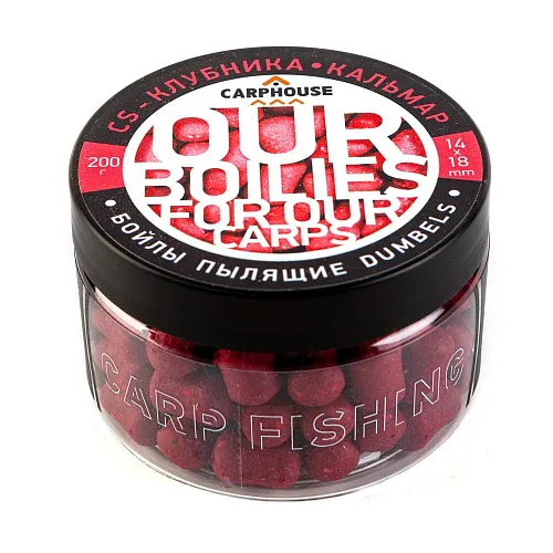 Бойлы Carp House пылящие насадочные дамбелс 14*18 мм CS Клубника-кальмар (банка 200гр)