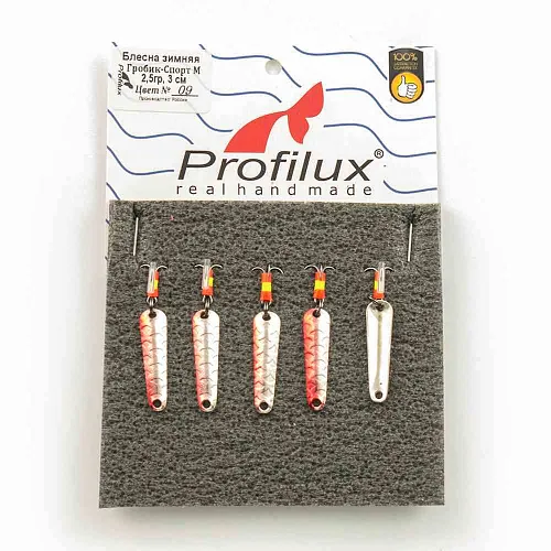 Блесна зимняя Profilux Гробик-спорт М 2,5гр цв. 09 серебро-вишня чешуя
