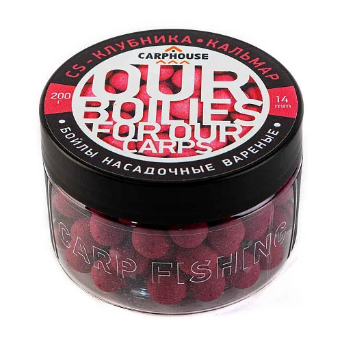 Бойлы Carp House вареные насадочные 14мм CS Клубника-кальмар (банка 200гр)