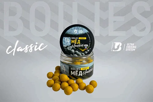 Бойлы тонущие насадочные UltraBaits "Classic" Мед 14 мм банка 100 гр