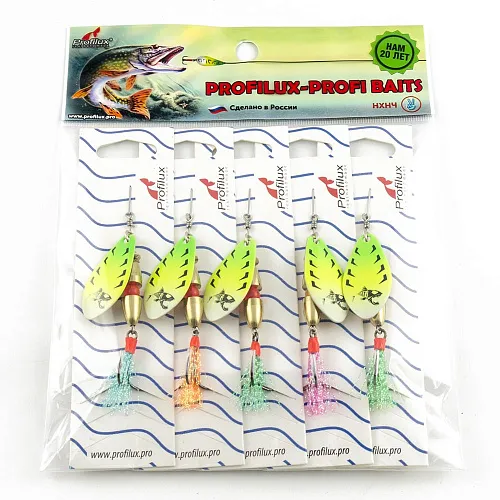 Блесна вращающаяся Profilux Таймень М 12гр цв. 210 перламутр-желтый-салатовый (5 шт в упак.)